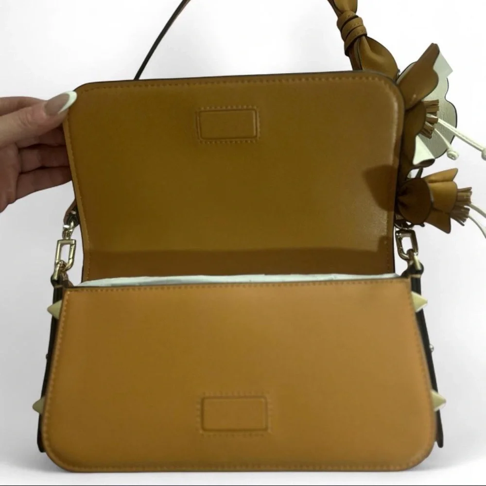 NWT Kate Spade Tan Leather Shoulder Bag with 3D Floral Accent.